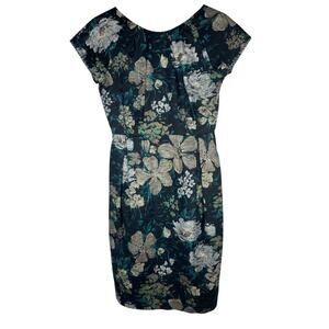 Dema Women's M Black Tan Teal Floral Pleated Sheath Dress